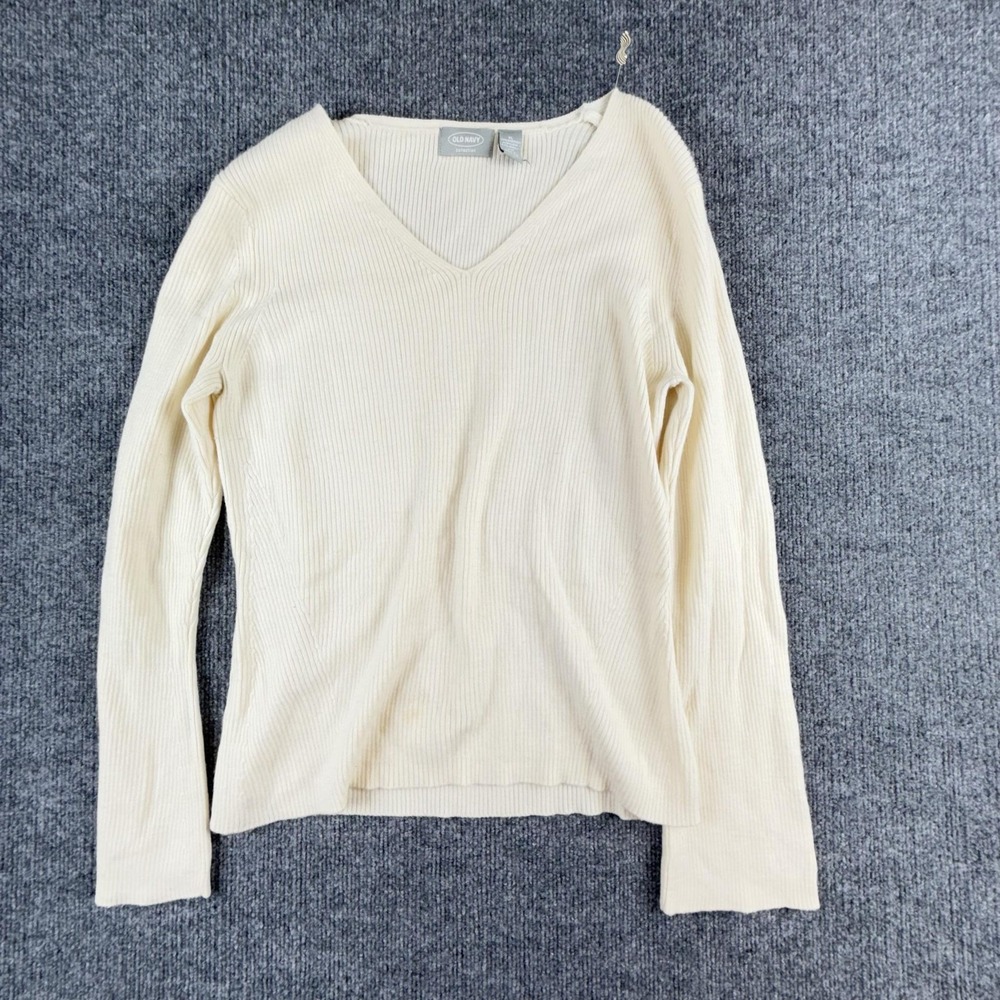 VTG Old Navy Sweater Womens XL White V Neck Ribbed Knit Pullover Lightweight